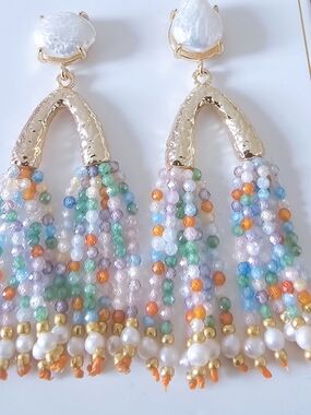 Gemelli Multicolor Beaded Tassel Earrings with Freshwater Pearl Stud Detail